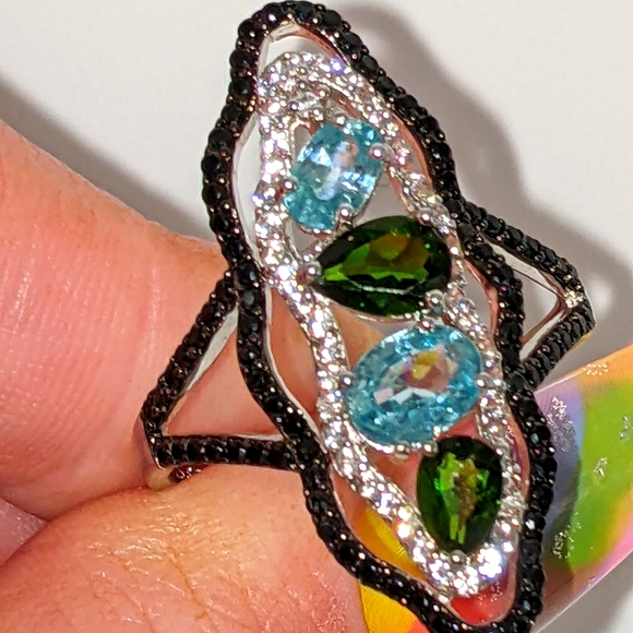 Blue Zircon, Black Spinel Multi-Gemstone Sterling Silver Ring - Picture 11 of 12